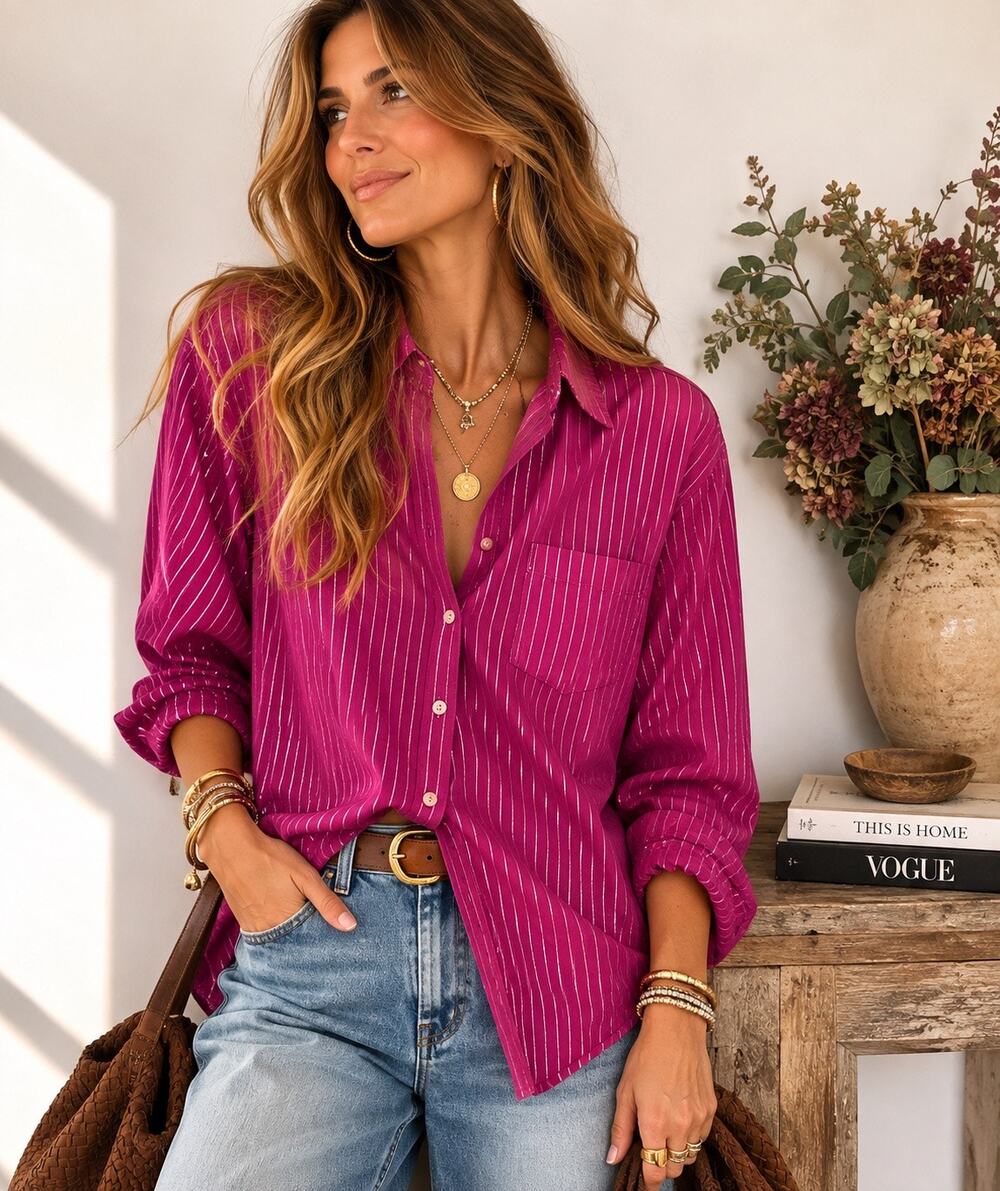 Maeve Metallic Striped Long Sleeve Button-Up Shirt Raspberry Women's Size M NWT